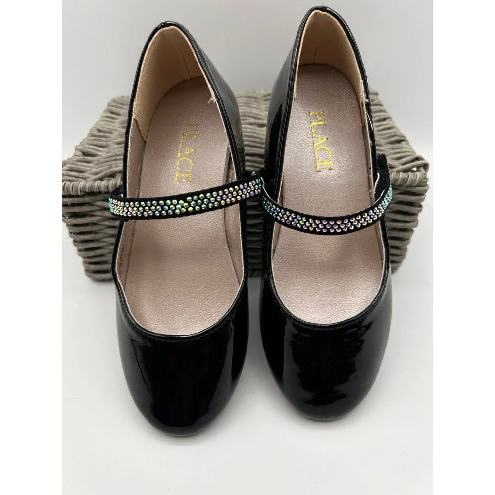 The Childrens Place Girls Size 11 Black Patent Mary Jane Dress Shoes Rhinestone
